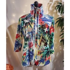 Vtg Sportelle Tropical Rhinestone Studded 1/2 Sleeve High Neck Zip Jacket Size M